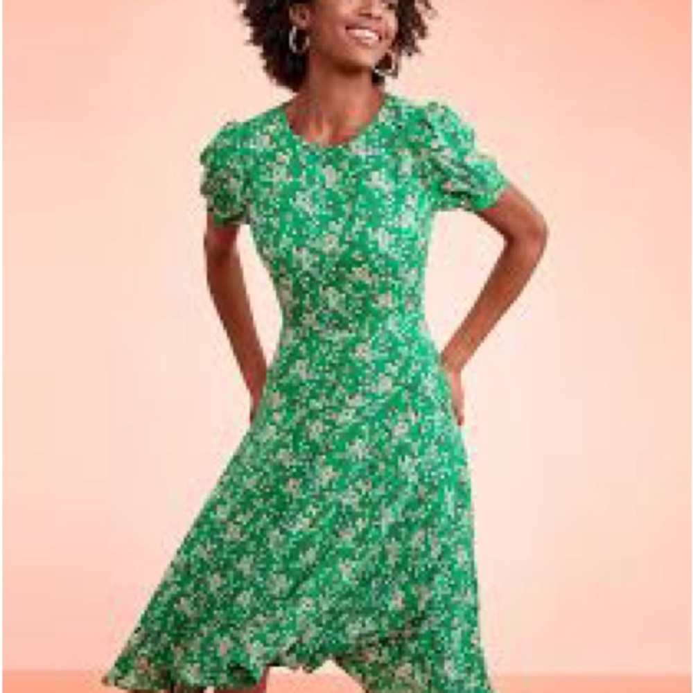 LOFT Green Floral Puff Sleeve Midi Dress romantic Size 6
